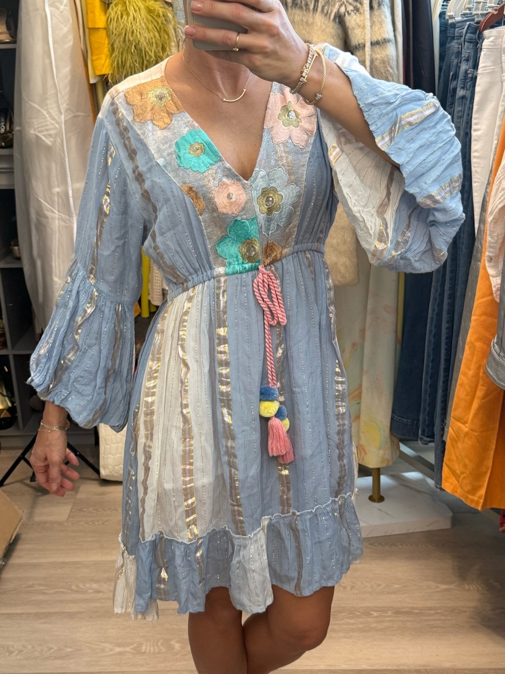 Light Blue Floral Embroidered V-Neck Dress with Tassel Tie